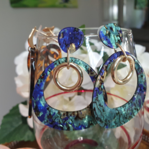 Blue green opal mix in a triangle shaped drop earrings