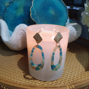 Pearl gold and aqua long oval shaped earrings with gold diamond shaped findings