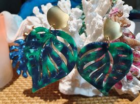 Blue green gold monstera heart shaped earrings