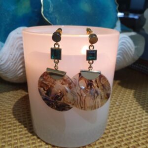 Paua coloured round disc shaped earrings with gold and emerald green coloured findings