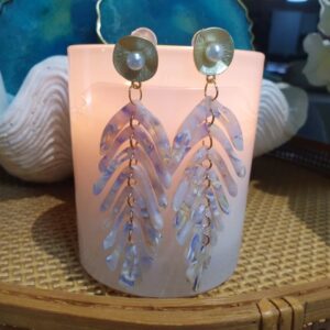Pearl white & lavender feather drop earrings
