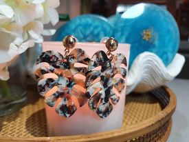 Large black white and gold monstera leaf resin earrings